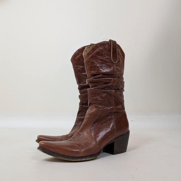 Brown Leather Cowgirl Cowboy Boots Mesh Lining Heeled Slouchy - Picture 4 of 12